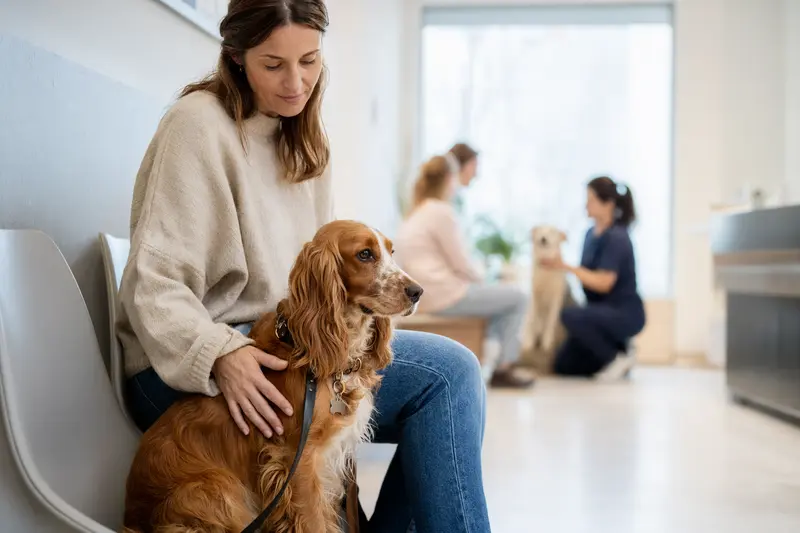 Ein English Cocker Spaniel sitzt ruhig neben seinem Besitzer im hellen Wartezimmer einer modernen Tierarztpraxis.